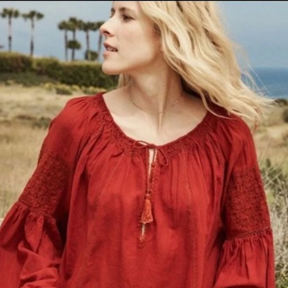 DOEN Source Embroidered Floral Blouse Relaxed Peasant Long Sleeve Top Rust Red
